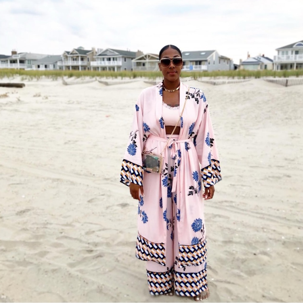 Forever 21 Pink and Blue floral Patterned Kimono and Wide Leg Pants set